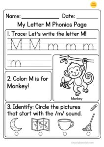 An educational phonics worksheet for children to practice the letter M. It includes a tracing activity for uppercase and lowercase M's, a colorable picture of a monkey, and a picture identification activity with a moon, a map, a cup, and a mop.