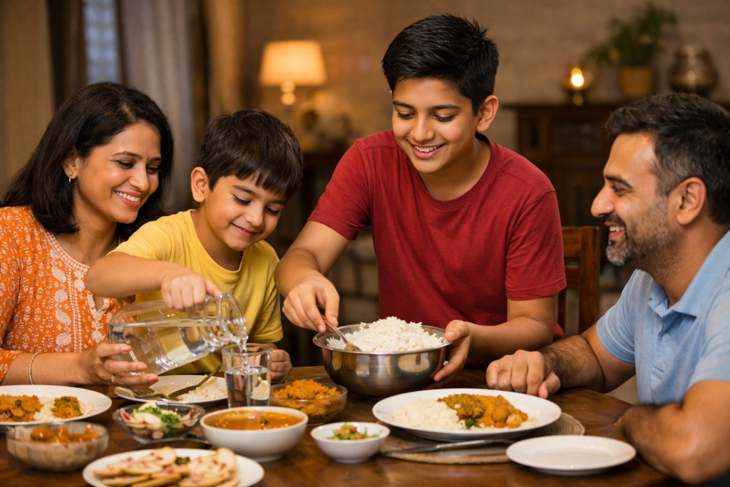  captures the warmth of an Indian family meal, with the elder son serving rice and the younger one pouring water at the dining table.